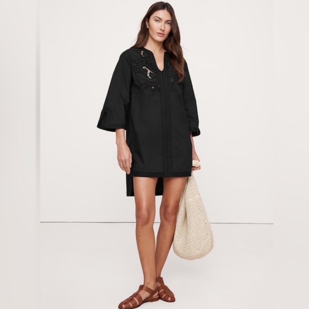 NWT! Banana Republic Black Embroidered Cotton Poplin Kaftan - Small 🪈